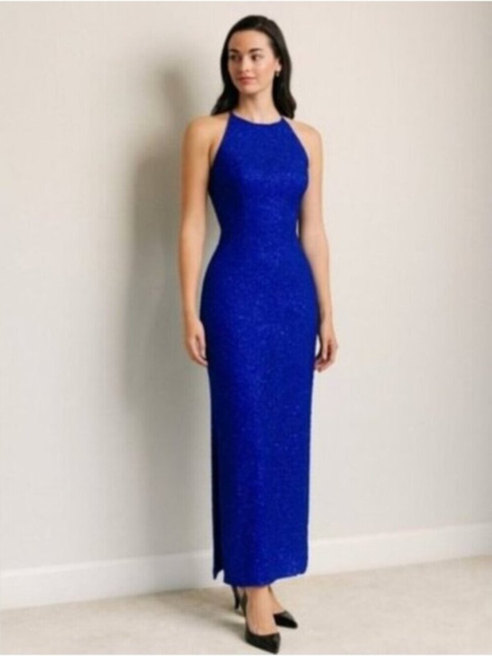 Andretta Donatello Blue Vintage Silk Beaded Formal Maxi Dress